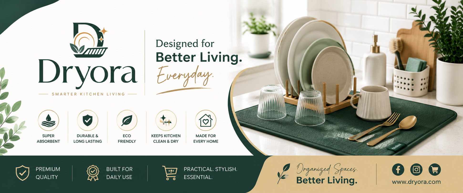 Dryora kitchen counter with dish drying mat and organizers